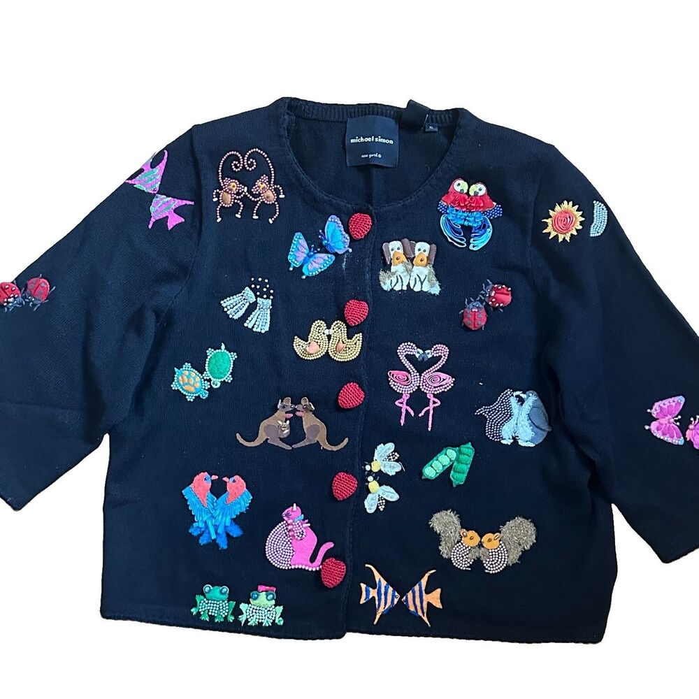 Vintage Michael Simon XL Animal Beaded Embroidered Cardigan Noah’s Ark Sweater